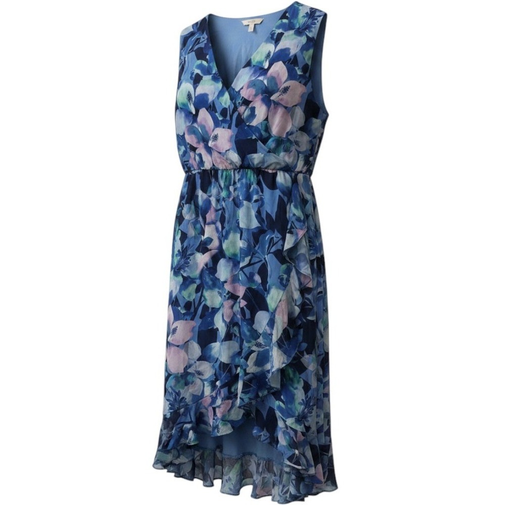 Soft Surroundings Floral Faux Wrap Maxi Dress Women 1X Blue Ruffle Sleeveless